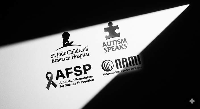 Logos of St. Jude Children's Research Hospital, AFSP, Autism Speaks, and NAMI on a light background.