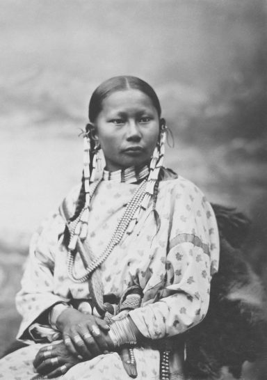 A Native American woman with long hair, braids, and traditional attire.